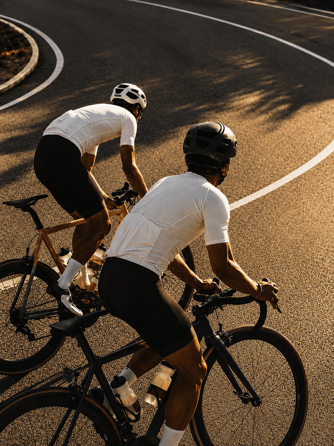Two road cyclists riding a curving road at golden hour.